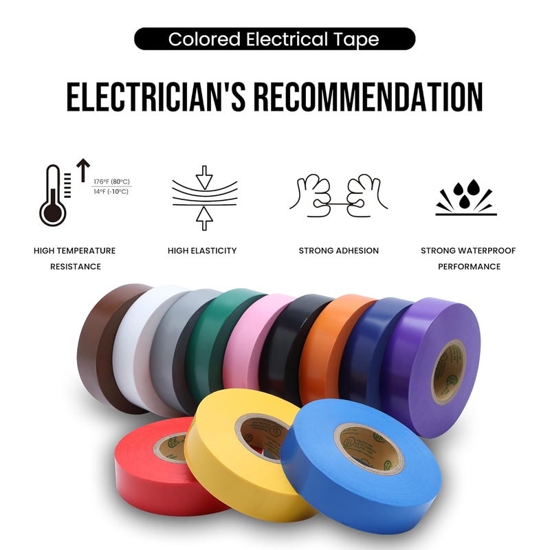 Lichamp 12 Pack Colored Electrical Tape Waterproof, 3/4 in x 66ft, Industrial Grade UL/CSA Listed High Temp Electrical Tape Colors Electric Super Vinyl, 1275C1 - Image 3